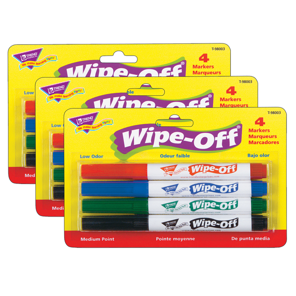 Trend Enterprises Wipe-Off Dry Erase Markers, Black, Red, Blue, Green, 4 Markers Per Pack, 3PK T98003